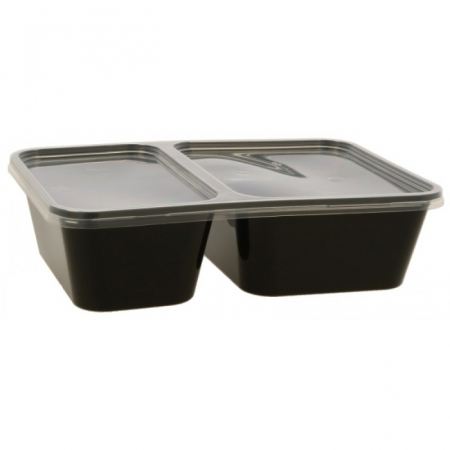 Articole din Plastic PP - Cutie Box, 500 CC, cu Capac, 2 Compartimente, Negru + Transparent, 173 x 119 x 47 mm/ 50 set/ 5 bax