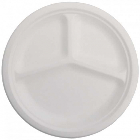 Articole din Trestie de Zahar Alb - Farfurii Bio Rotunda 3 Compartimente D261, Alb, 261 x 26 mm/ 50 set/ 10 bax