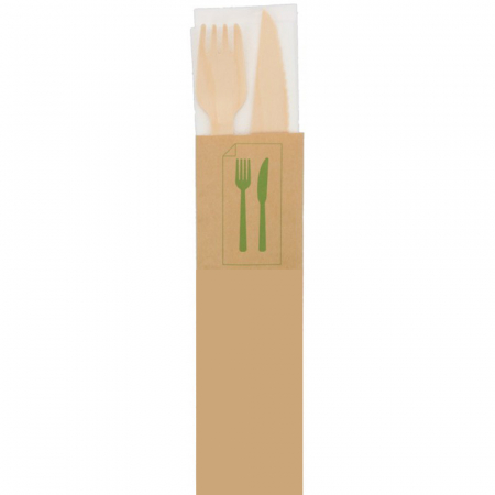 Tacamuri - Tacamuri Eco Lemn, Furculita+ Cutit+ Servetel, Kraft Natur, 165 mm/ 100 set/ 10 bax