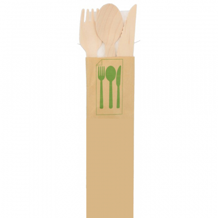 Tacamuri - Tacamuri Eco Lemn, Furculita+ Lingura+ Cutit+ Servetel, Kraft Natur, 165 mm/ 100 set/ 10 bax