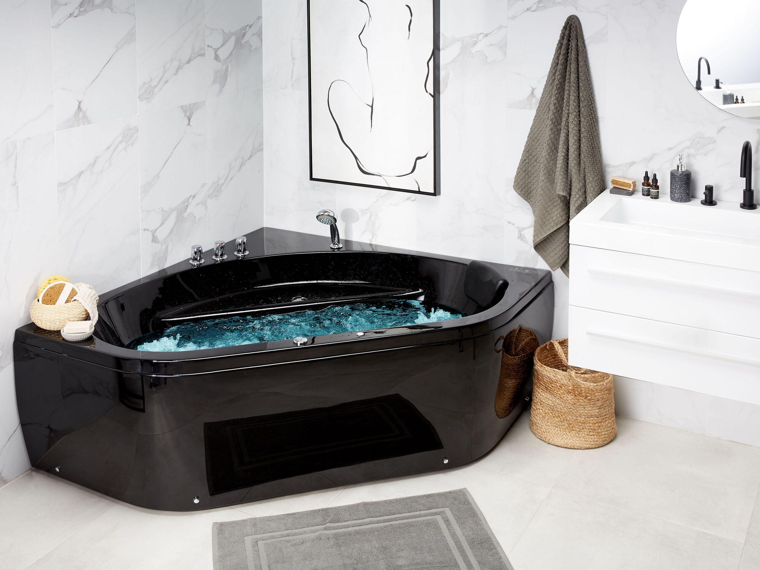 Cazi de baie - Corner LED bathtub with hydromassage MEVES 140 x 140 cm Black
