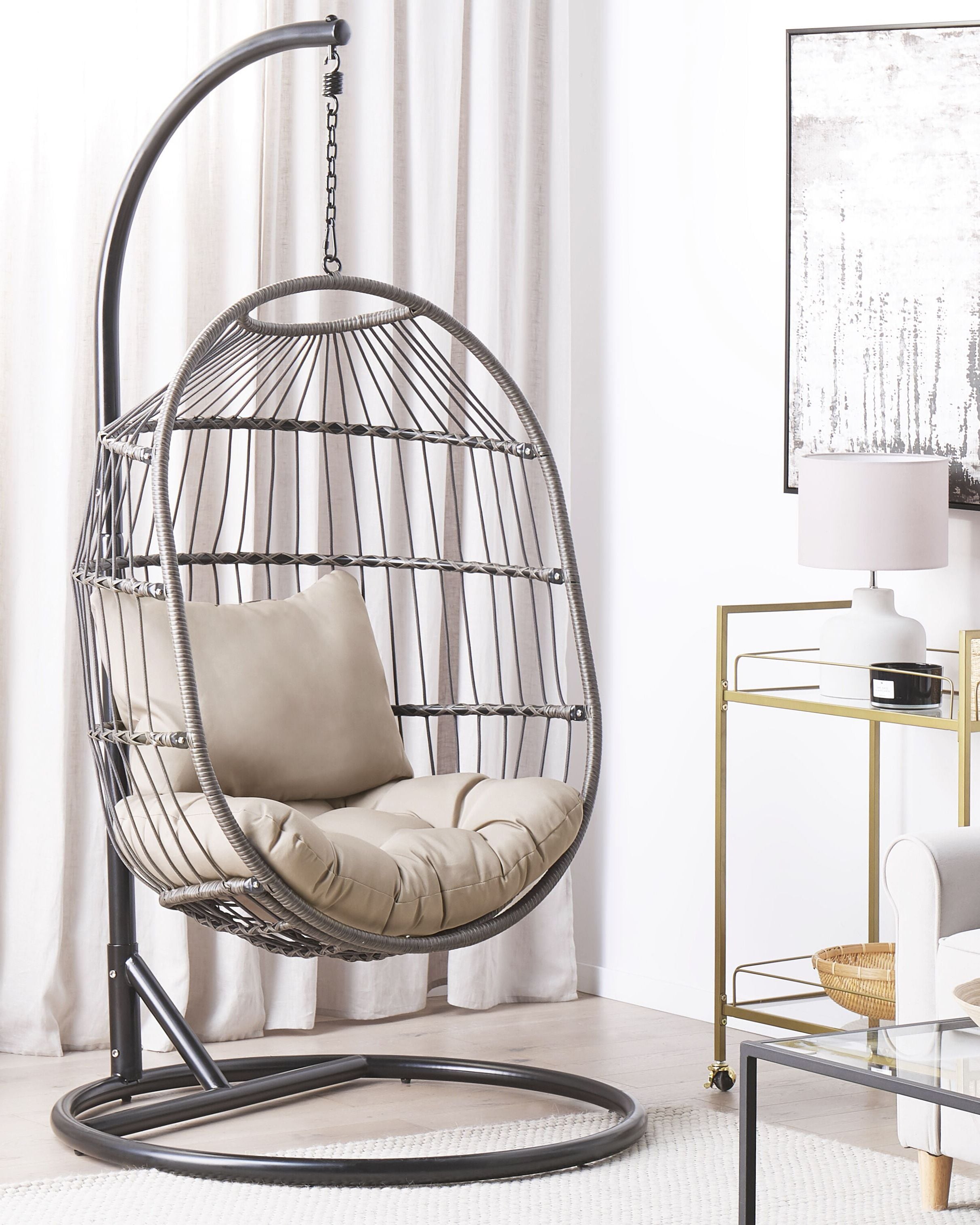 Armchairs - ALBA Suspended Armchair with Stand Synthetic Rattan Black