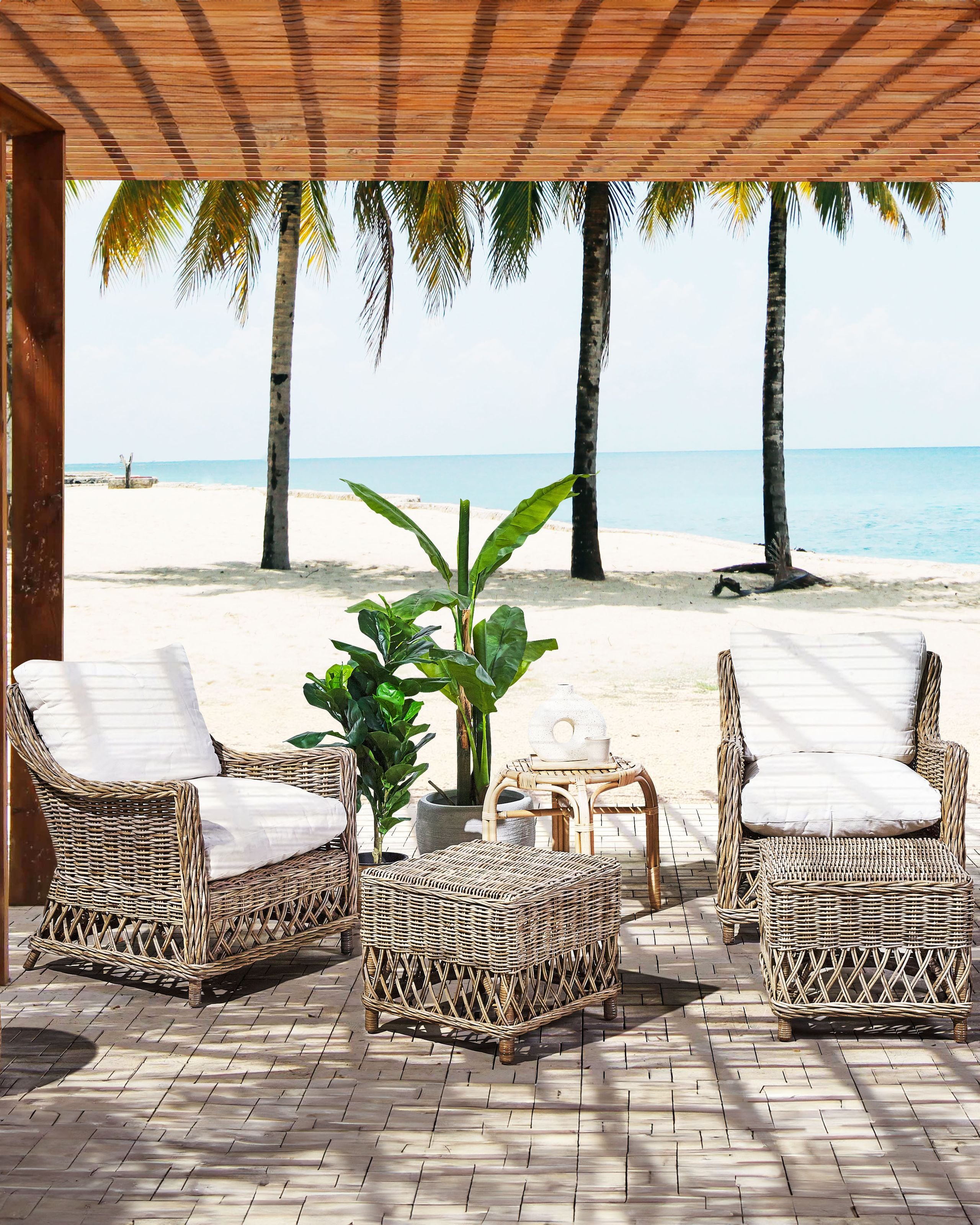 Fotolii - Set de 2 fotolii de grădină cu perne RIBOLLA cu taburet Ratan Natural