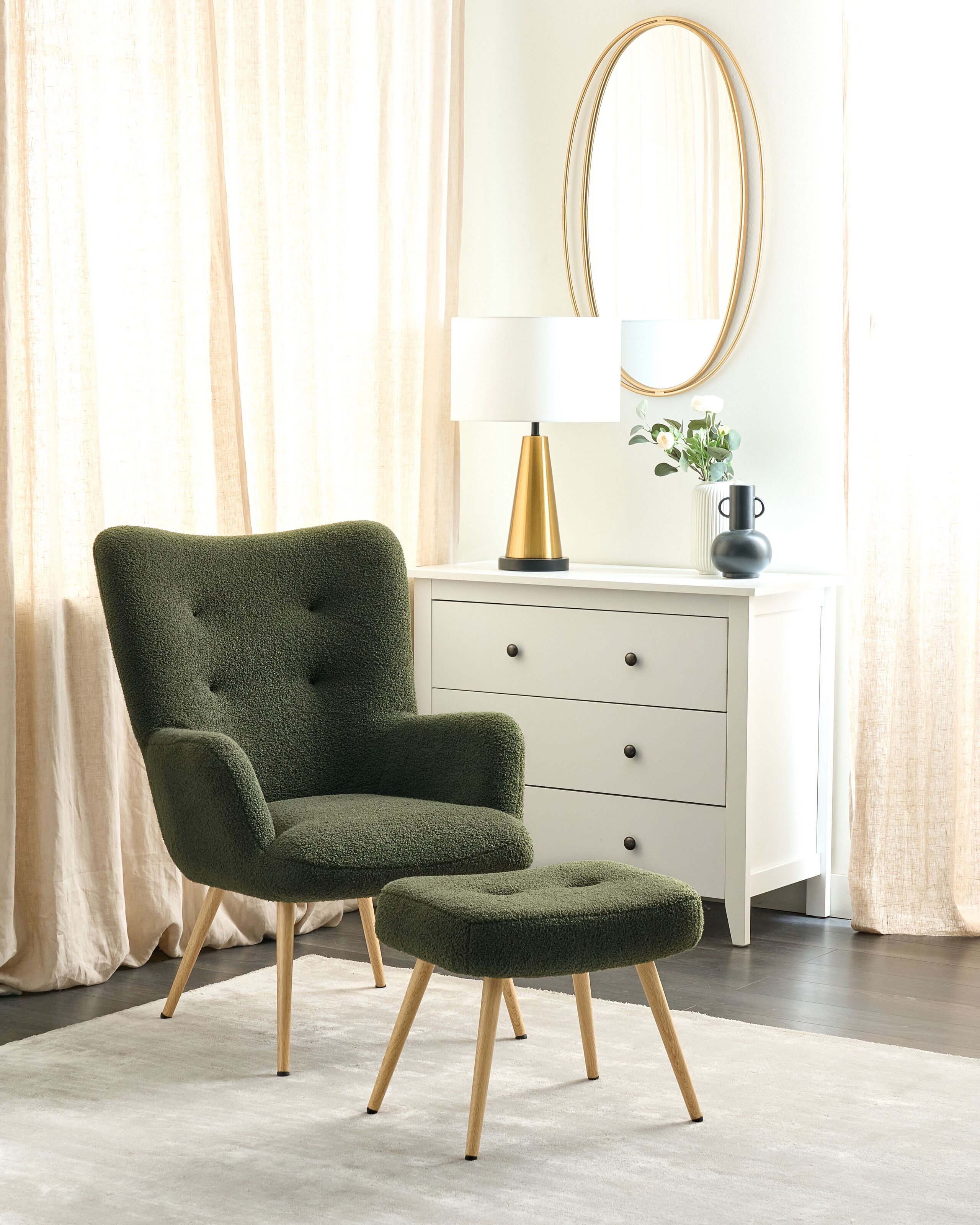 Armchairs - VEJLE High Back Armchair with Boucle Stool Dark Green