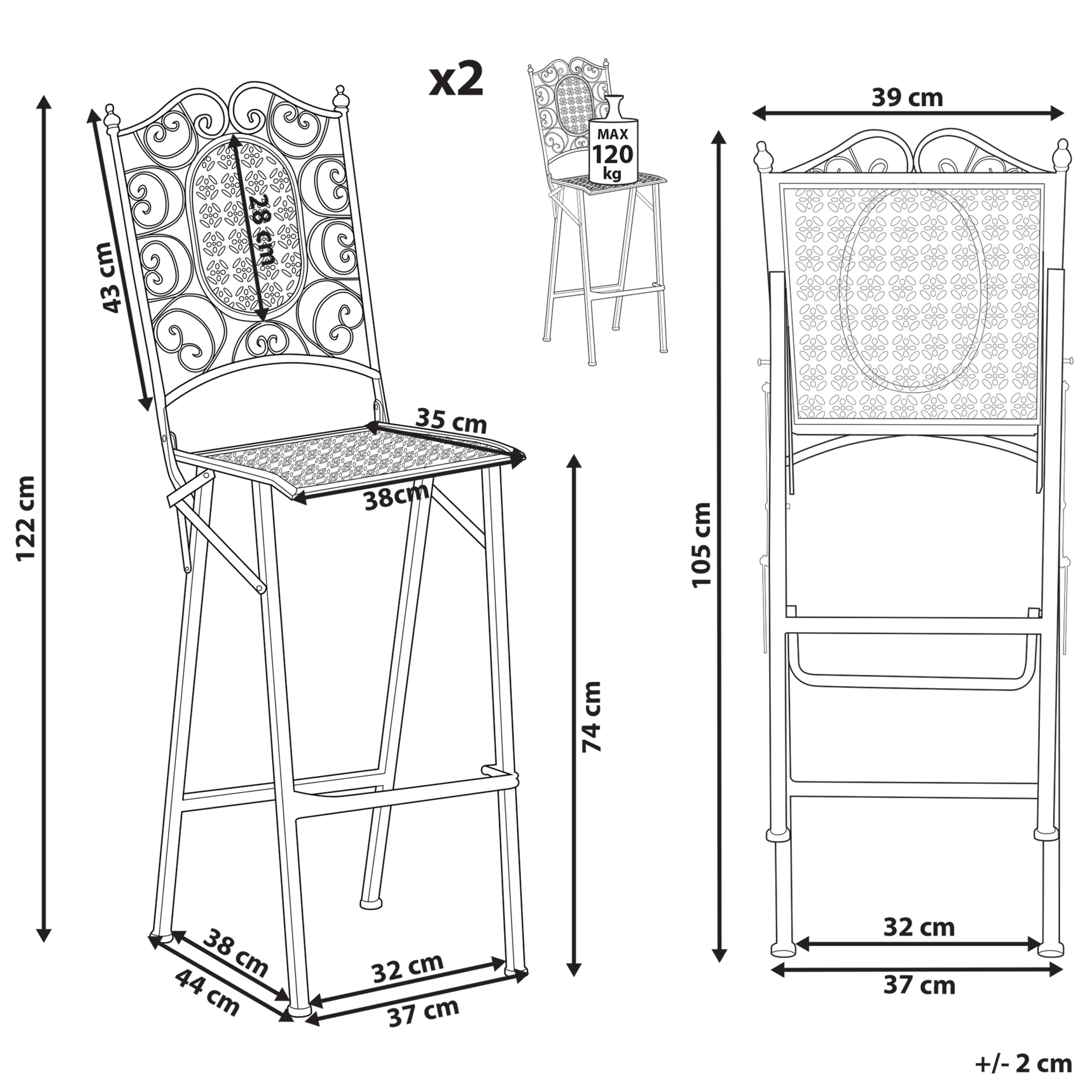 Set of 2 outdoor bar stools BORMIO Foldable Black Metal [3]