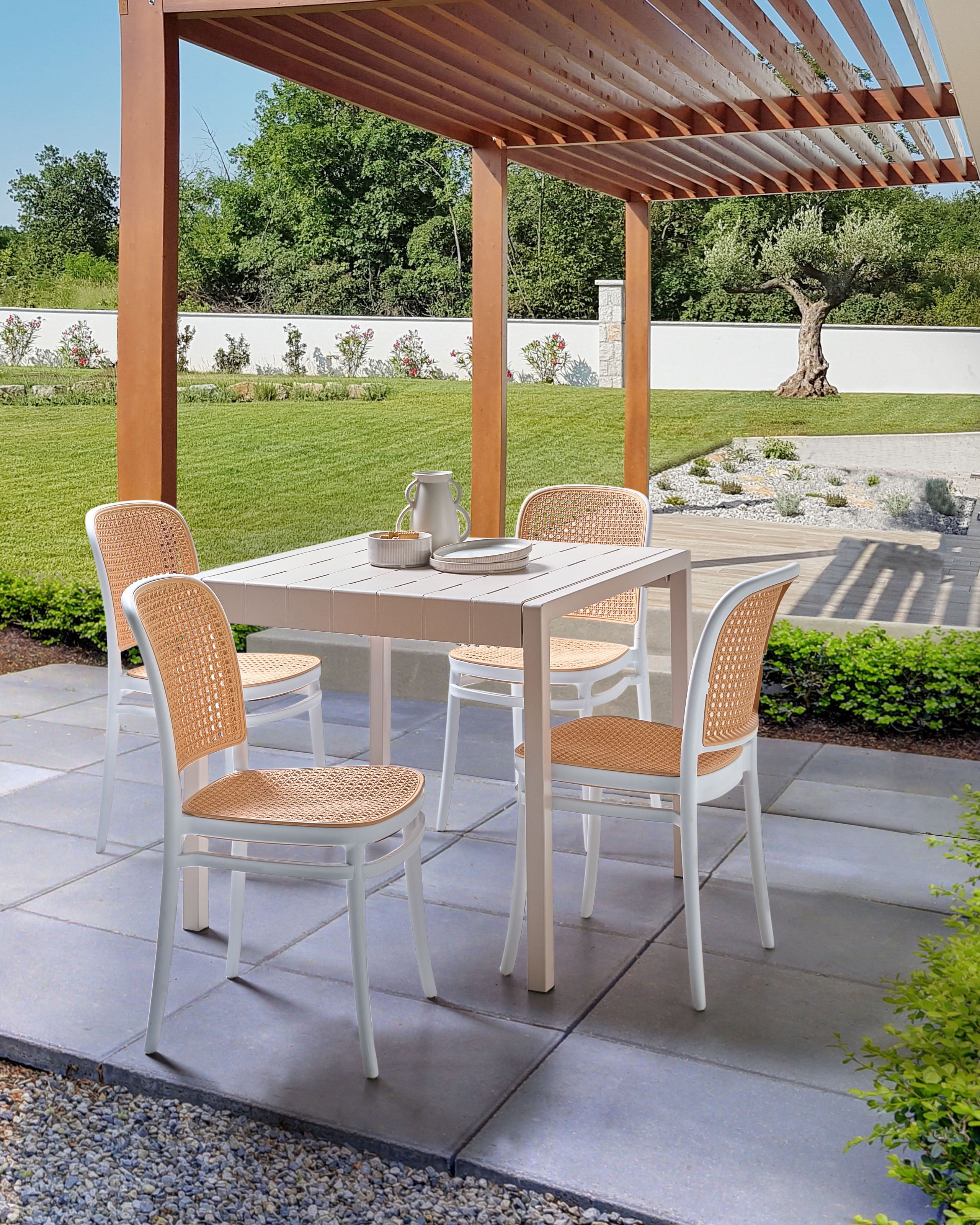 Scaun dining - Set de 4 scaune de grădină PLOSE Alb/Bej