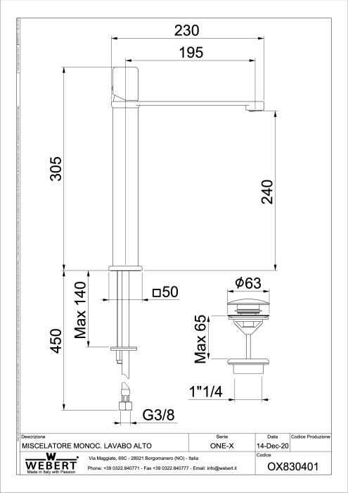 High single lever washbasin mixer with up & down pop-up waste, with 3/8” flex. hoses 70 cm. [2]