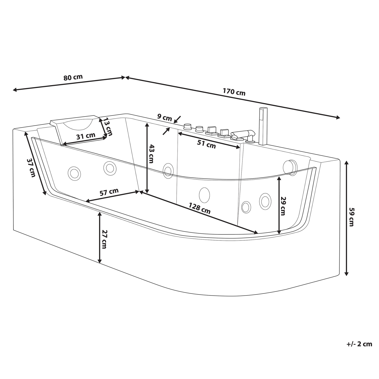 Cadă de colț LED cu hidromasaj ACUARIO Dreapta 170 x 80 cm Alb [3]