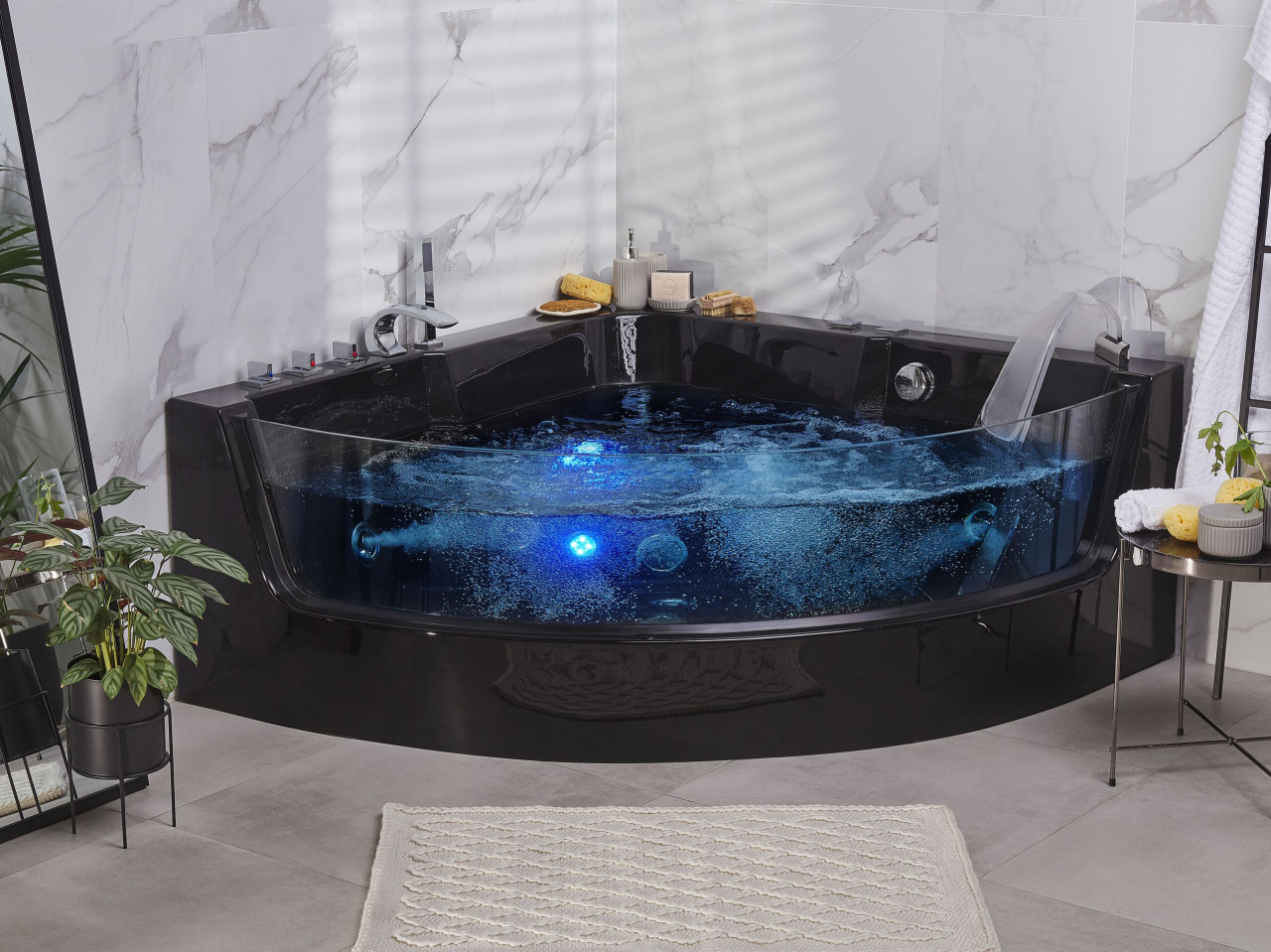 Corner LED bathtub with hydromassage MARINA 190 x 135 cm Black [1]