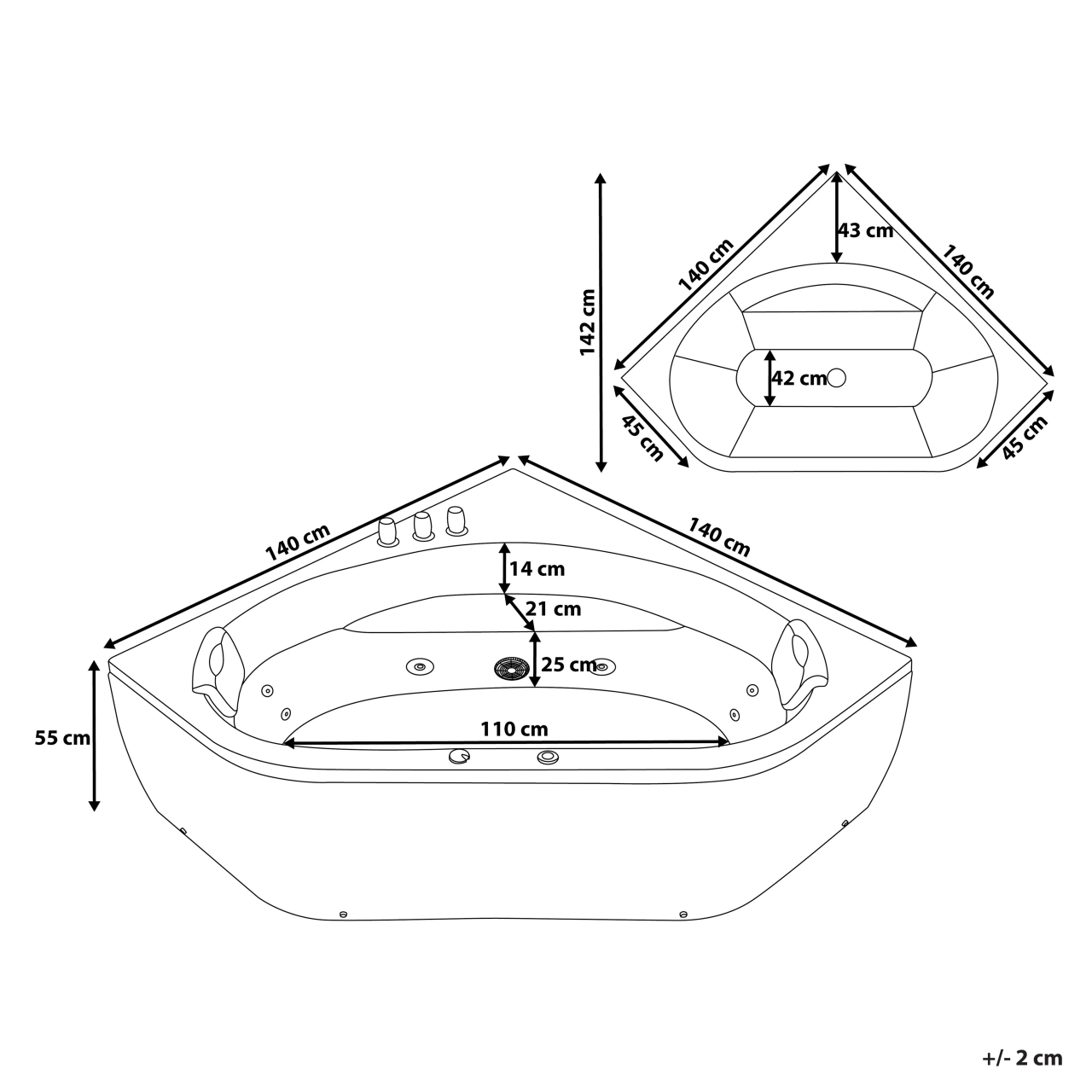 Corner LED bathtub with hydromassage MEVES 140 x 140 cm Black [3]