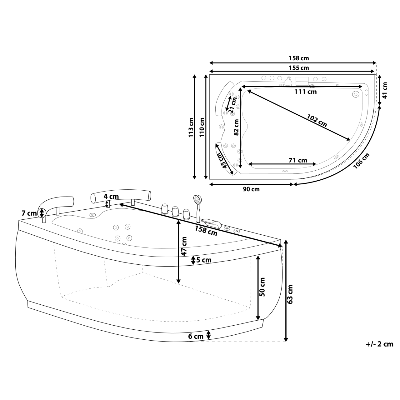 LED corner bathtub with PARADISO whirlpool Right 158 ​​x 113 cm Black [3]