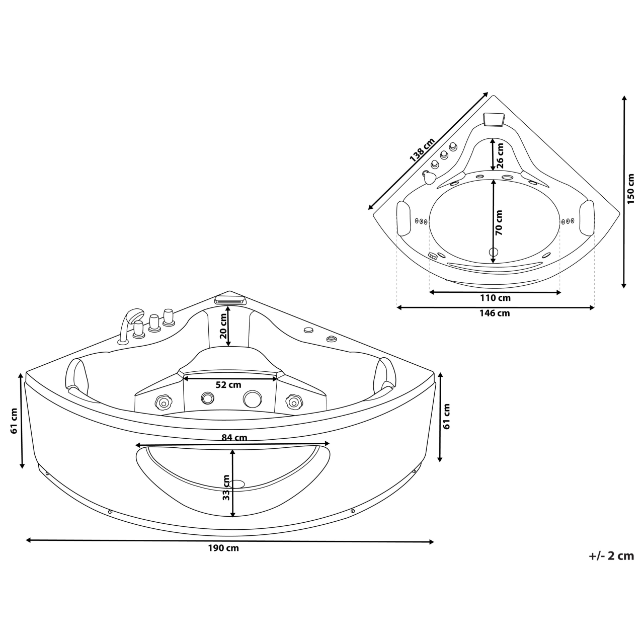 TOCOA LED corner bathtub with whirlpool 190 x 138 cm White [3]