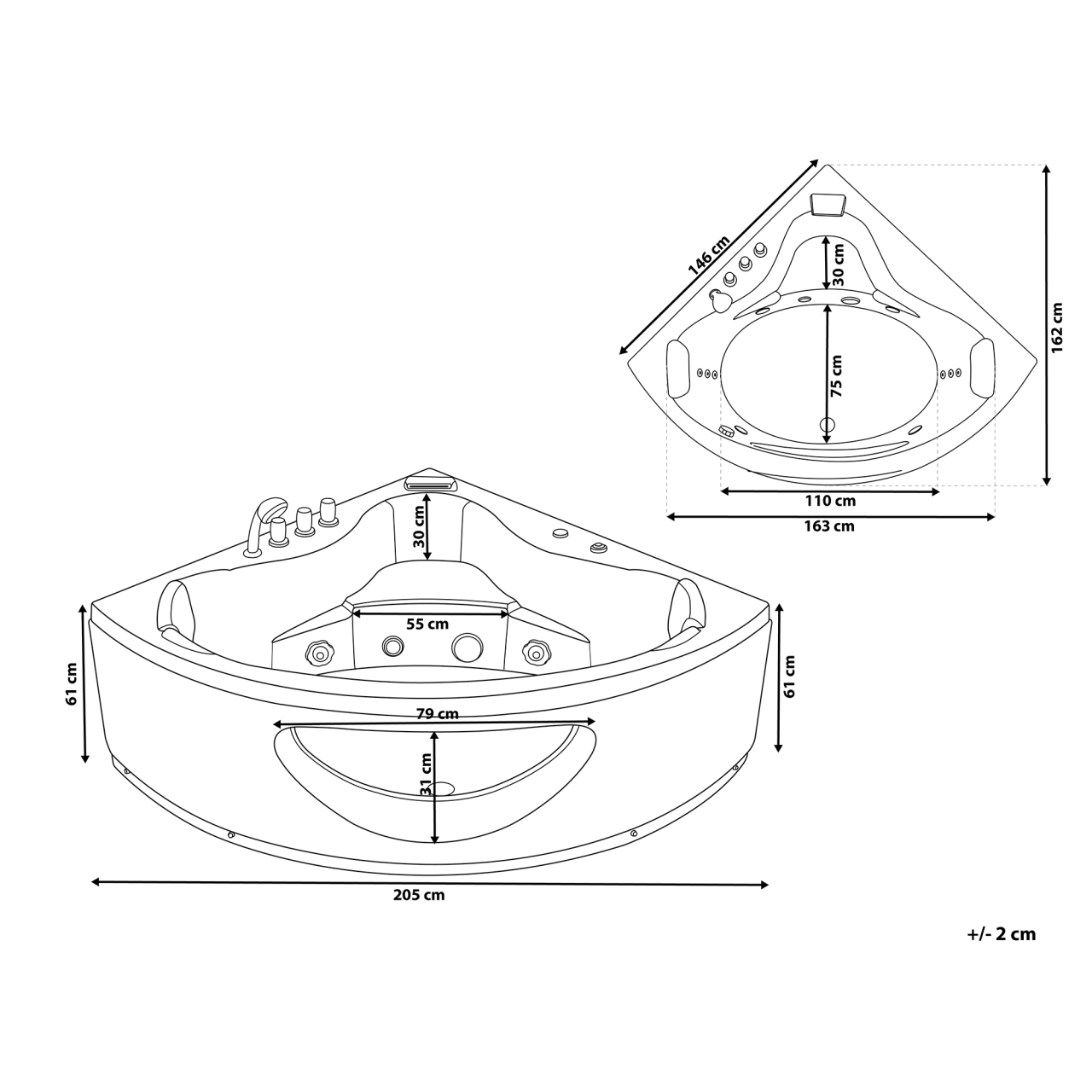 Corner LED bathtub with whirlpool TOCOA 205 x 146 cm Black [3]