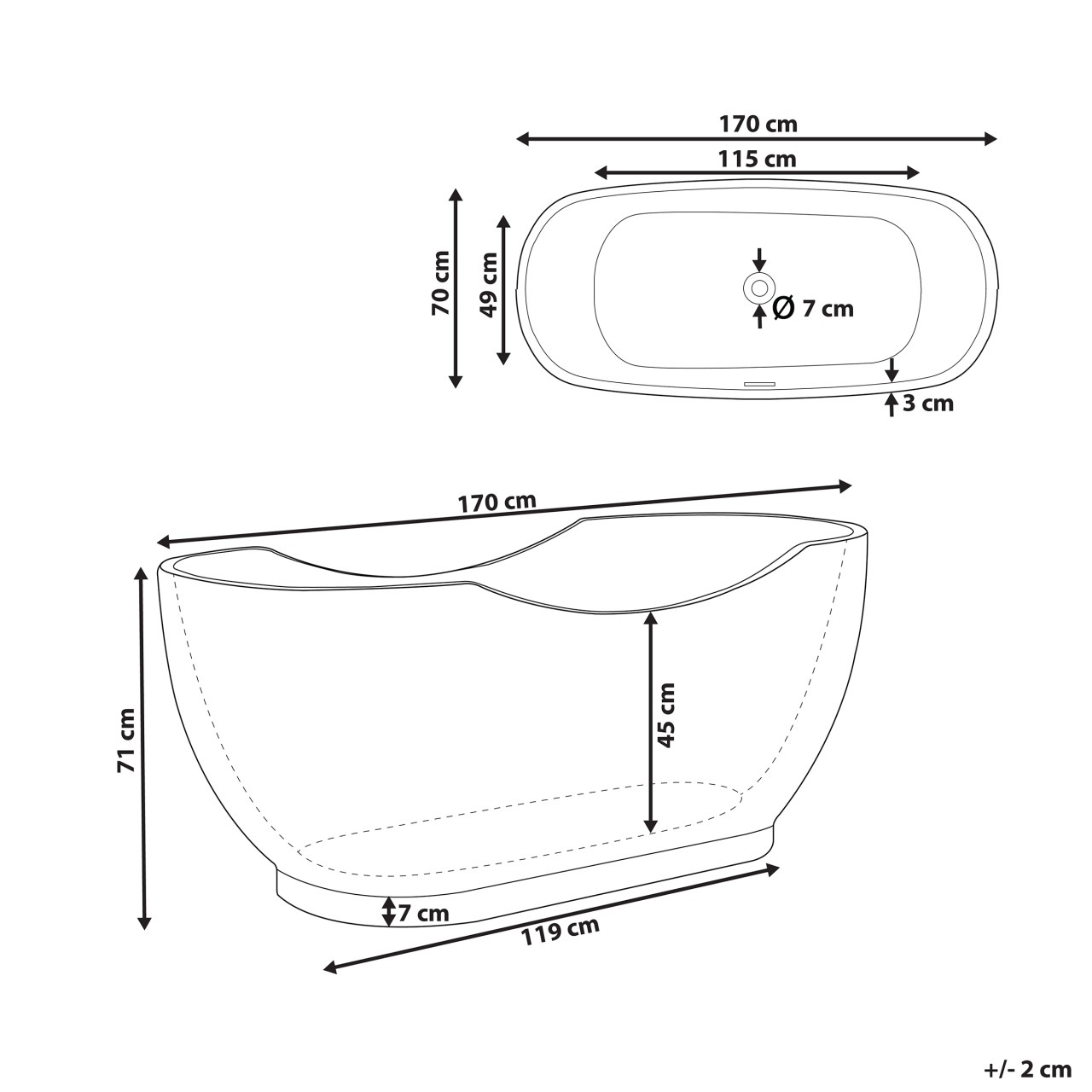 Freestanding bathtub BAYLEY 170 x 77 cm White [3]