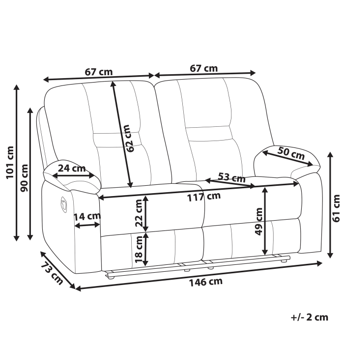 Canapea cu recliner manual cu 2 locuri BERGEN Piele ecologică Negru [3]