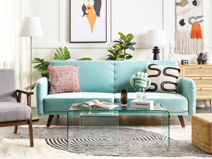 Canapea extensibilă cu 3 locuri SENJA Catifea Albastru deschis [1]