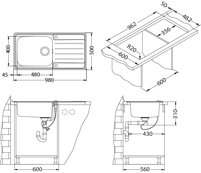 Chiuveta inox Praktik 100 leinen [3]