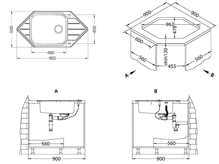 Praktik 130 satin stainless steel sink (corner installation) [8]