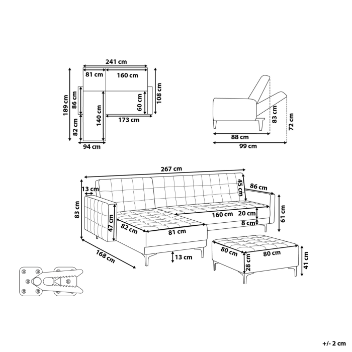 Colțar extensibil modular cu 4 locuri ABERDEEN Catifea Gri deschis Dreapta [3]