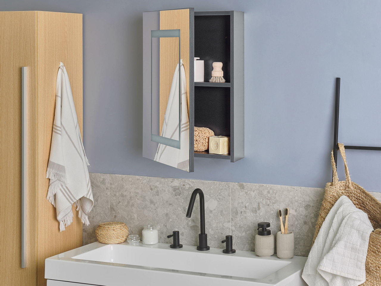 Wall-mounted Bathroom Cabinet with LED Mirror MALASPINA 40 cm 60 cm Black [1]