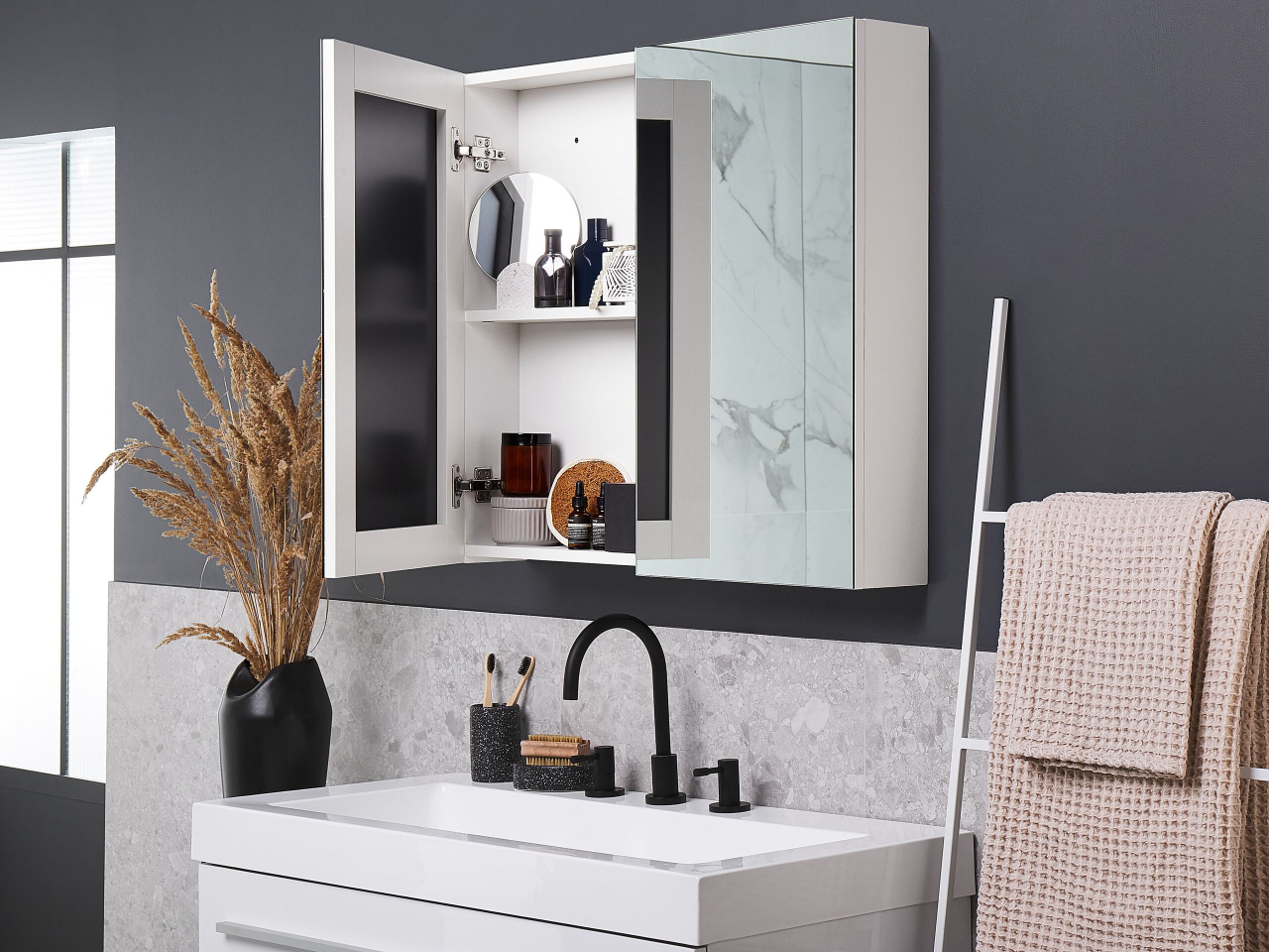 Bathroom Cabinet with Mirror NAVARRA 80 cm 70 cm White [1]