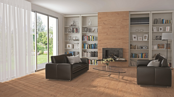 FABLE Honey 22.5x90x8 tiles, natural wood look, durable and resistant. Elegance and warmth for floors and walls in the living room, bedroom or commercial spaces [2]