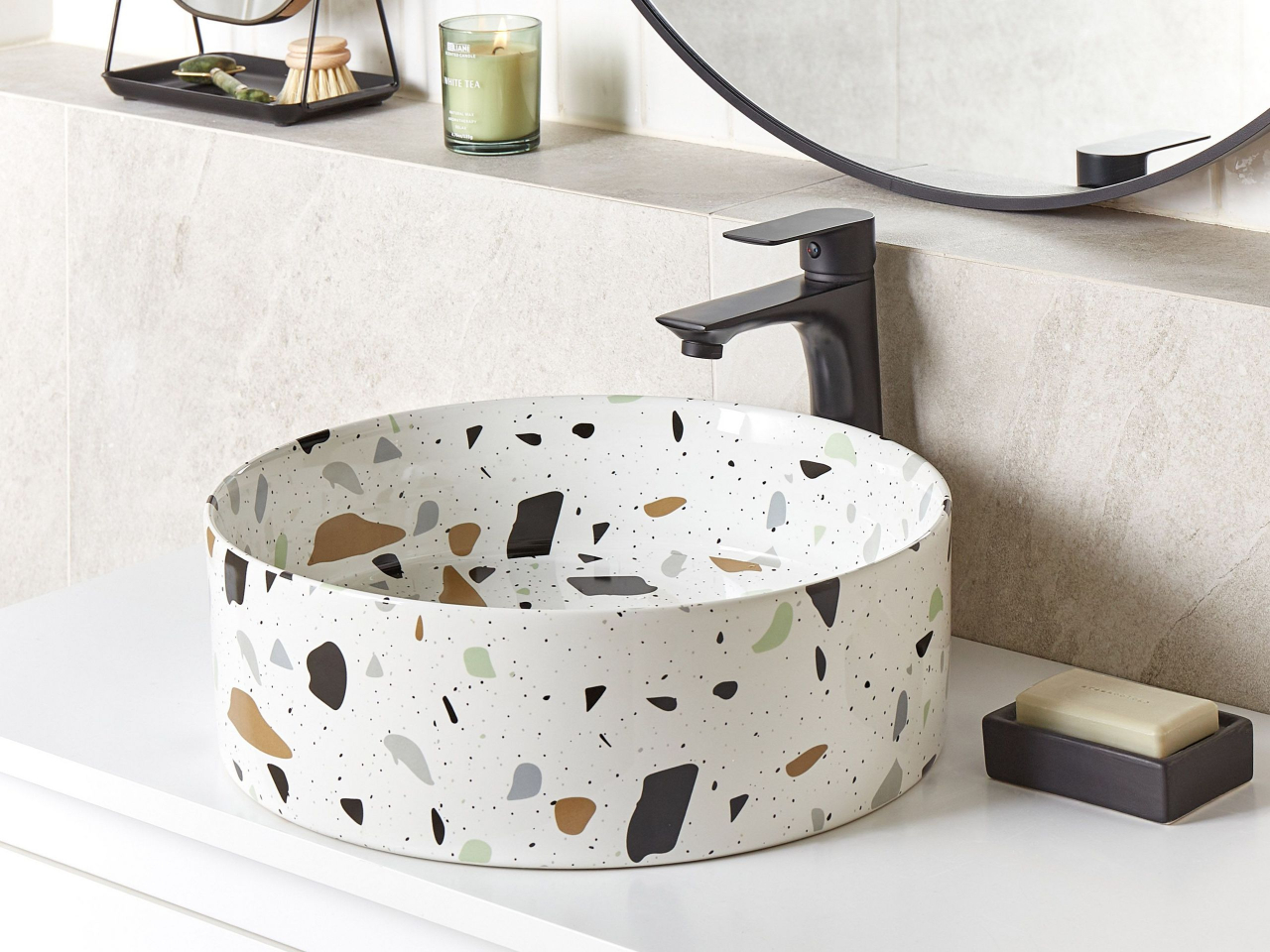 NULES Countertop Washbasin ⌀ 40 cm Ceramic Terrazzo White [1]