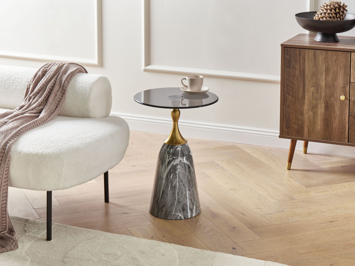 CARTER Side Table Tempered Glass Grey Marble [1]