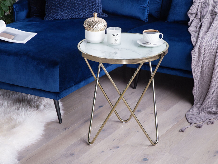 MERIDIAN Side Table Tempered Glass Marble/Gold [1]