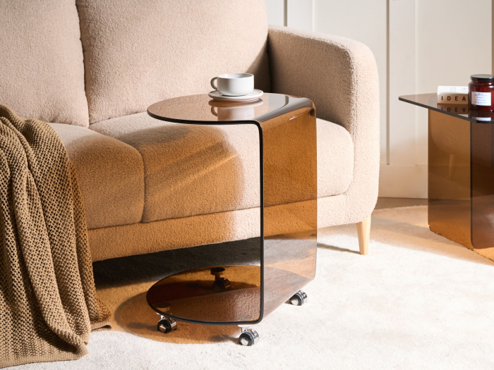 MINTO side table Tempered glass Brown with wheels [1]