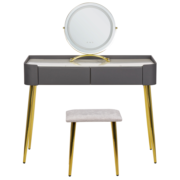 Masuță de machiaj cu oglindă și taburet SURIN LED Gri [4]