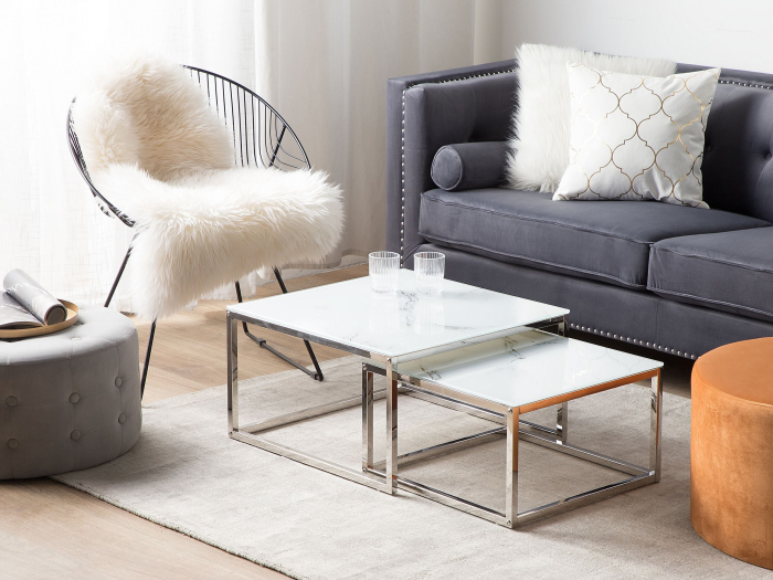 Set de 2 mese de cafea BREA Sticlă securizată Alb marmură [1]