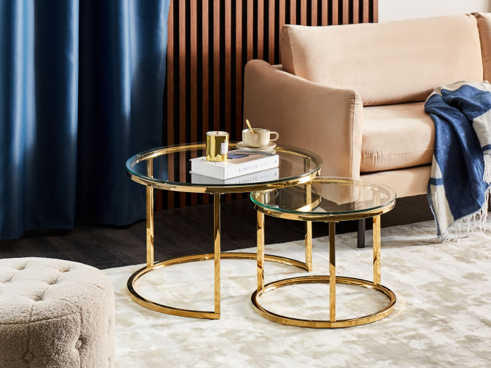 Set of 2 GRANGE coffee tables Tempered glass Gold [1]