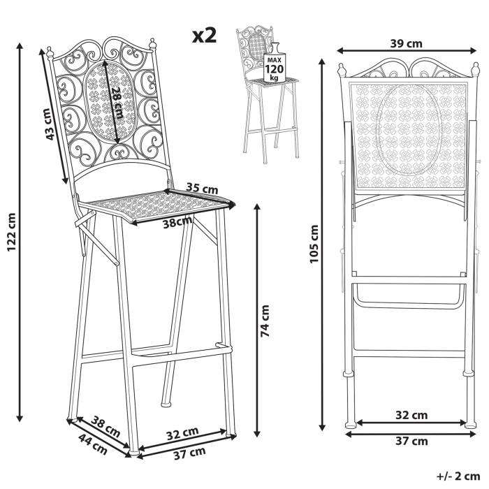 Set de 2 scaune de bar pentru exterior BORMIO Pliabil Metal Negru [3]