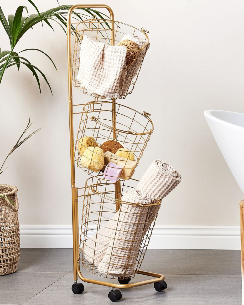 Bathroom Basket Holder AYAPAL with Wheels Metal Gold [1]