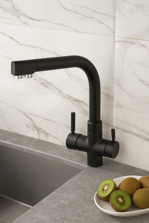 Baterie Bucutarie cu 3 cai pentru apă purificată, negru mat – Baterie pentru filtru/purificator de apă [1]