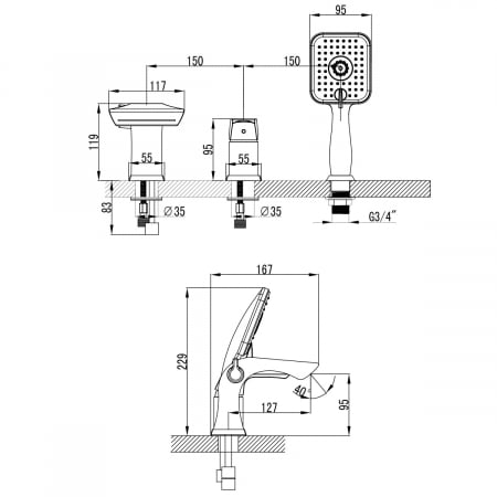 Baterie cadă incorporată cu 3 intrări, comutator rotativ Lemark Unit LM4545C crom - Sanitare Online [1]
