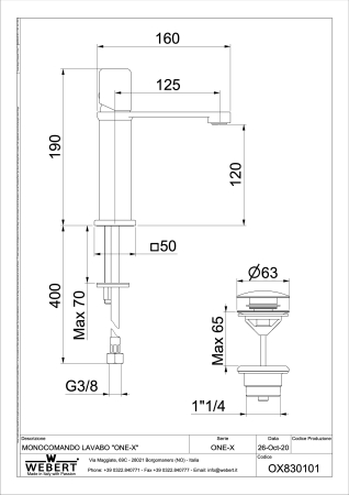Single lever washbasin mixer with up & down pop-up waste, with 3/8” F flex. hoses cm 50. [1]