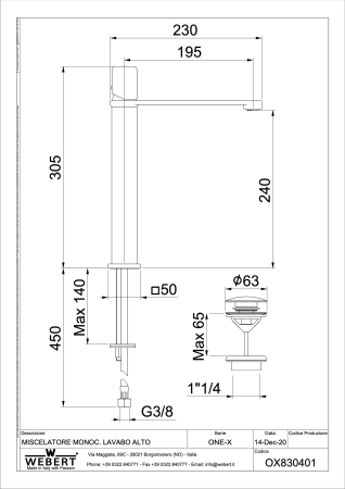 High single lever washbasin mixer with up & down pop-up waste, with 3/8” flex. hoses 70 cm. [1]