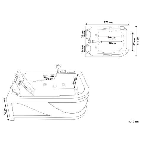 Cadă de colț LED cu hidromasaj BAYAMO Dreapta 170 x 120 cm Alb [2]