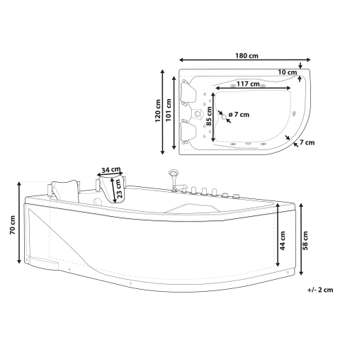 Cadă de colț LED cu hidromasaj CALAMA Dreapta 180 x 120 cm Alb [2]