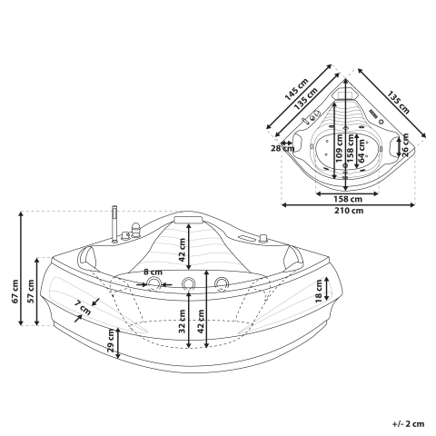 Cadă de colț LED cu hidromasaj MONACO Cu difuzor Bluetooth integrat 210 x 145 cm Alb [2]