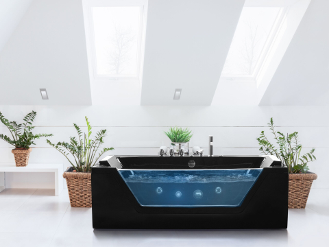 Cazi de baie - SAMANA LED corner bathtub with hydromassage 162 x 76 cm Black