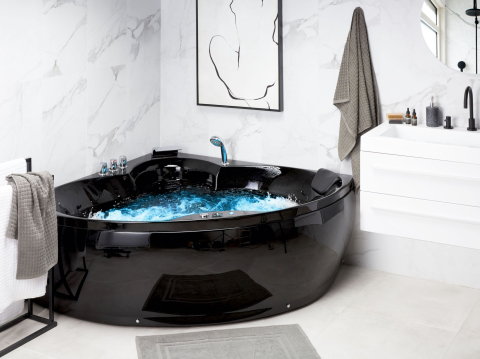 Black Friday - Corner LED bathtub with hydromassage SENADO 205 x 150 cm Black