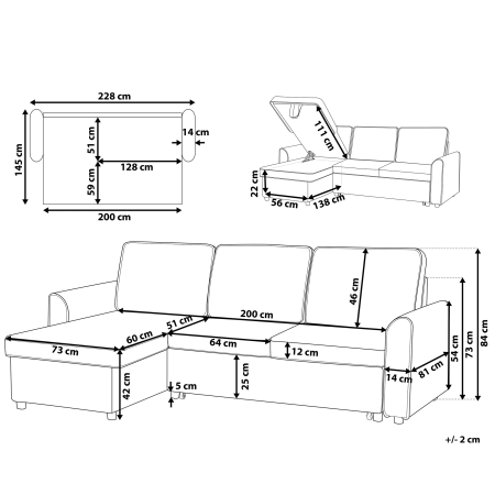 Colțar extensibil cu 3 locuri NESNA  Negru cu depozitare Dreapta [2]