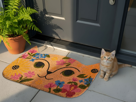 Covoraș intrare - Covor intrare CALIRAYA Multicolor 60 x 90 cm Pisică Fibră de nucă de cocos