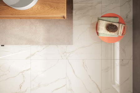 Gresie MVI Calacatta 60x120 LP/RT, grosime 9 mm, lucioasă, margini rectificate, aspect marmură albă cu vene gri-aurii. Eleganță și durabilitate premium pentru pardoseli și pereți interiori [2]