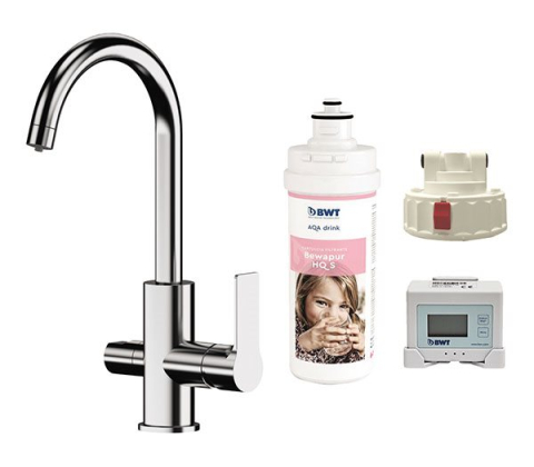 Baterii Bucatarie - Kit complet pentru apă purificată, inclusiv: baterie chiuvetă cu 3 căi cu selectare a apei potabile prin manetă laterală, monitor, cap de fixare și cartuș filtrant F70J (BWT Bewapur HQ S)