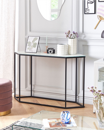 Masă consolă - PERRIN Console Table Tempered Glass Marble/Black