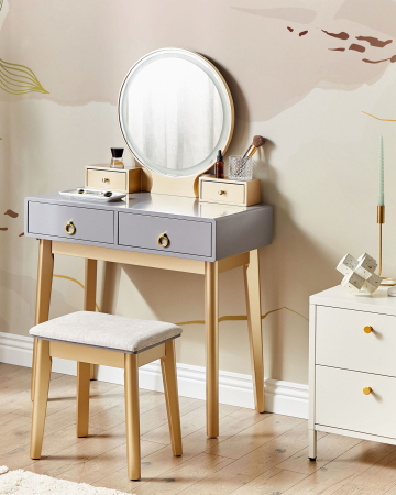Masă de toaletă - FEDRY dressing table with mirror and stool LED Grey